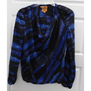 Tory Burch Blue Black Abstract Stripe 100% Silk Blouse sz 0‎
